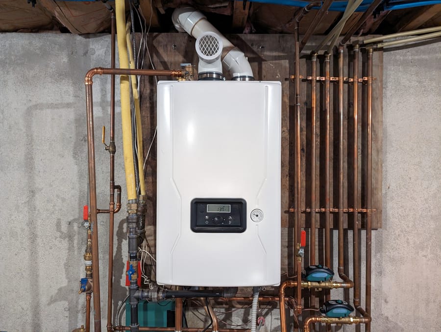 A tankless water heater in a basement with exposed wall showing.